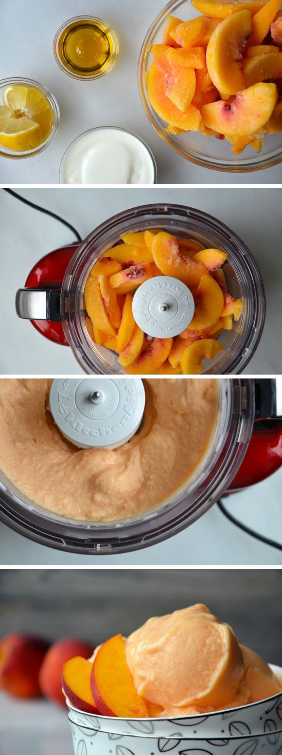 5-Minute Peach Frozen Yogurt: frozen peaches, plain yogurt, honey, and a little