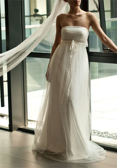 A-line Strapless Sweep Train Wedding Dress with Appliques