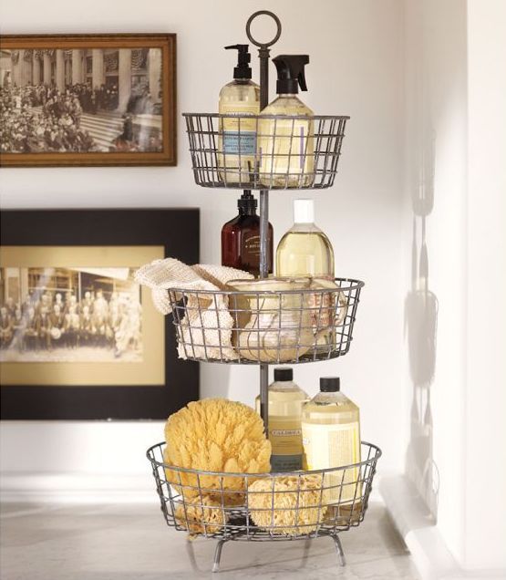 A tiered bath storage system is practical. You can use each level for a specific