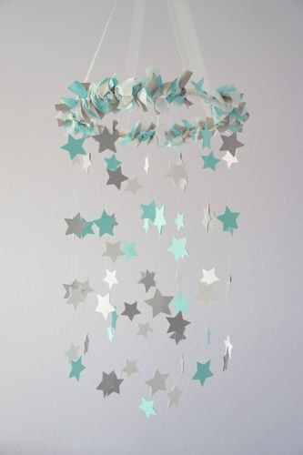 Aqua Gray Nursery Star Mobile- Baby Nursery Decor, Baby Shower Gift