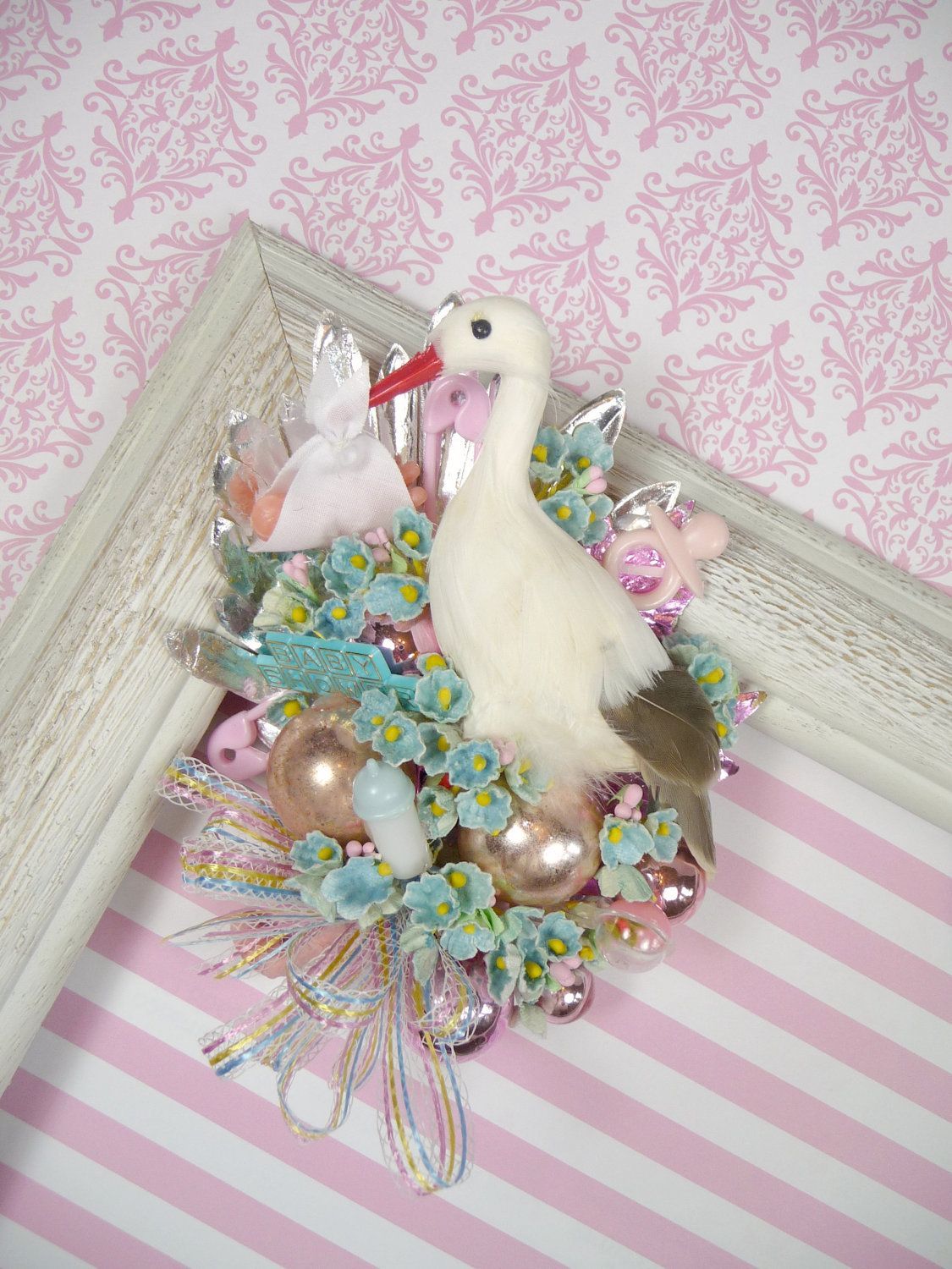 Baby Shower Corsage Stork Special Delivery Vintage Theme Pink Blue Boy or Girl D