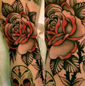 Beautiful Red And Black Rose Tattoo By Stizzo