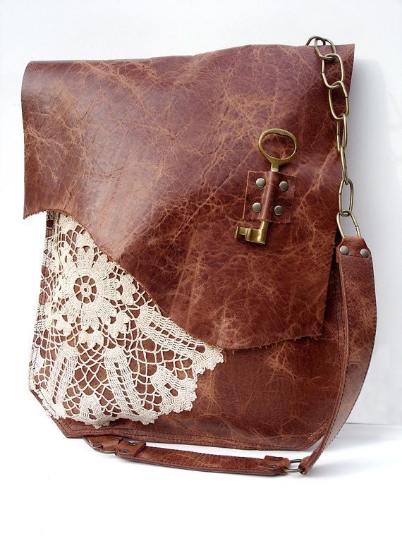 Boho Leather Messenger Bag with Crochet Lace & Vintage Key by Urban Heirlooms