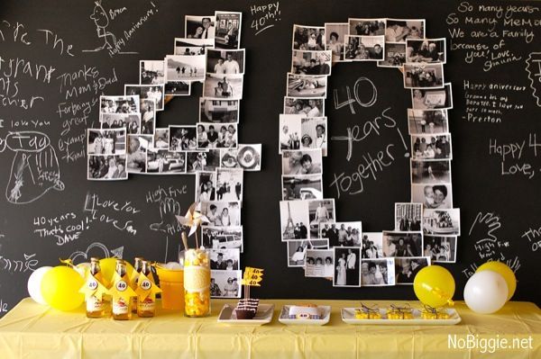 Chalkboard with photos of party guest(s) of honor in shape of birthday age or an