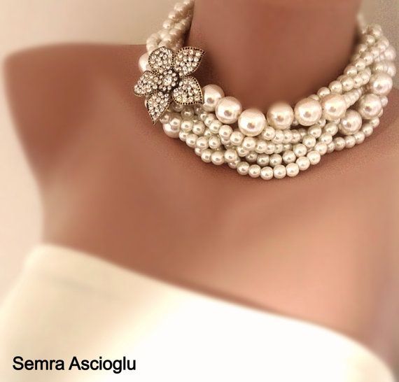 Chunky Layered Ivory Glass Pearl Necklace by HMbySemraAscioglu