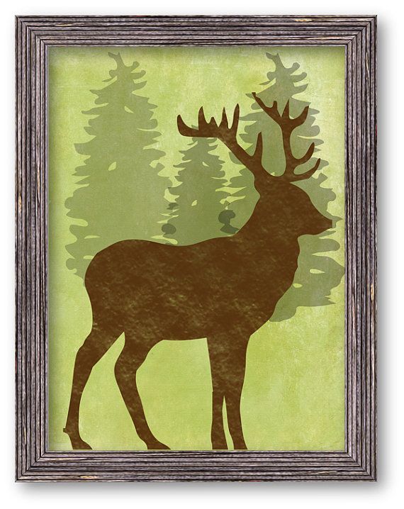 Deer Art Print, Cabin Art, Pine Trees, Buck, Stag, Mountain Home Art, Deer Silho