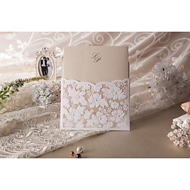 Elegant Linen Pocket Floral Embossed Square Wedding Invitations, 100 pcs/lot