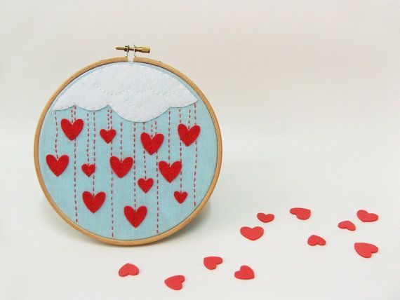 Embroidery hoop wall art  Cloudy rain of hearts  Made by buligaia, $30.00