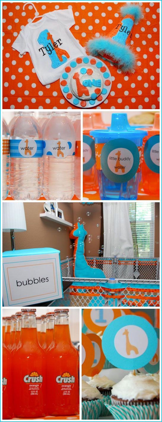 giraffe, blue and orange first birthday party