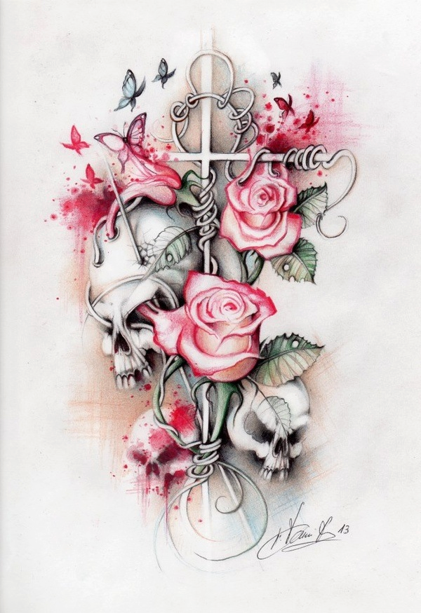 gorgeous tattoo idea, not so much a fan of the skulls but love the roses.