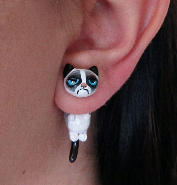 Grumpy Cat earring, Polymer Clay Faux Gauge Earring MADE TO ORDER