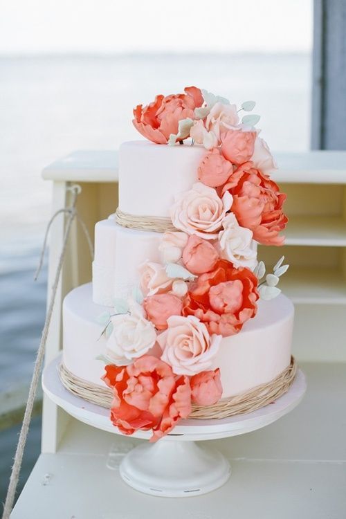 I love this. Coral flowers with light blue ribbons on the bottom of each tier. P