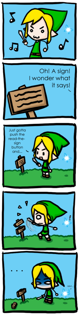 Legend_of_Zelda: Link, Navi the fairy, and signs – The Legend of Zelda: Ocarina