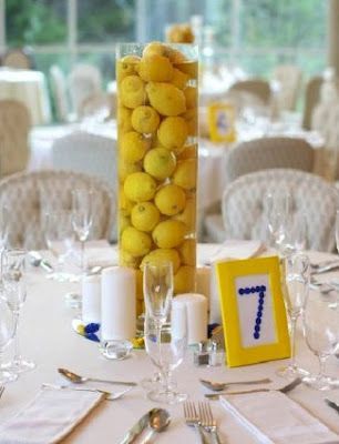 lemon centerpiece. blue + yellow wedding decor.–funny, I thought this was MY br