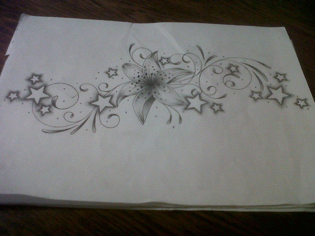 lily tattoo design with swirls and stars by *tattoosuzette on deviantART