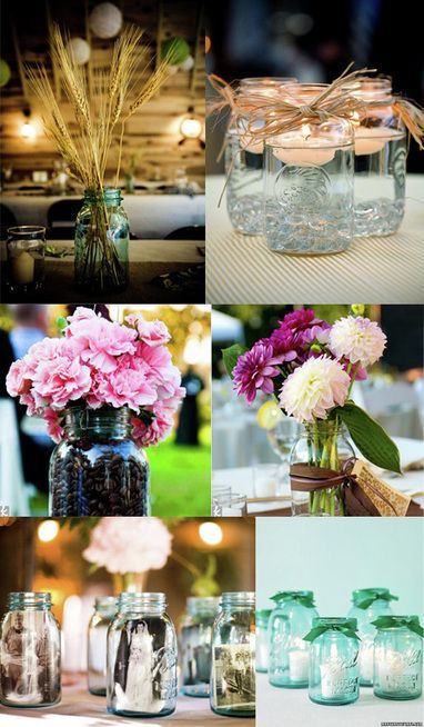 Mason jar wedding centerpieces. Rustic filler ideas may include flowers, wheat,