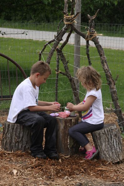natural outdoor play area –  can we lash together branches for Kindergarten play