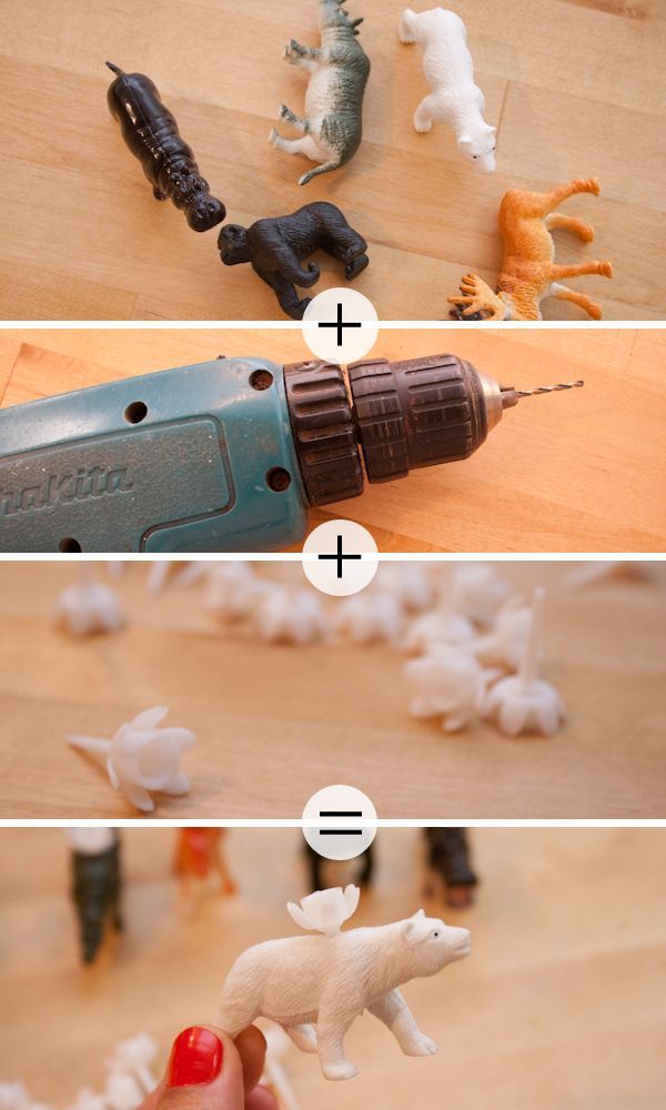 Okay, this is genius.  Drill a hole in the back of the plastic animals – stick i
