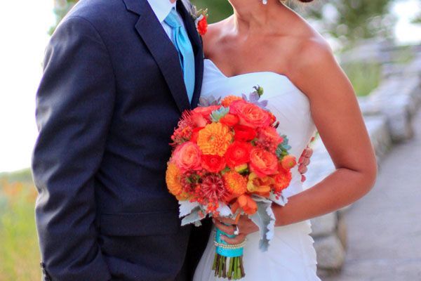 portrait-bride-groom-coral-bouquet  I love the aqua and the orange – particularl
