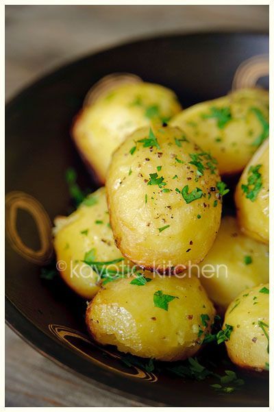 Potatoes baked in Chicken Broth, Garlic and Butter, SO GOOD! They get crispy on