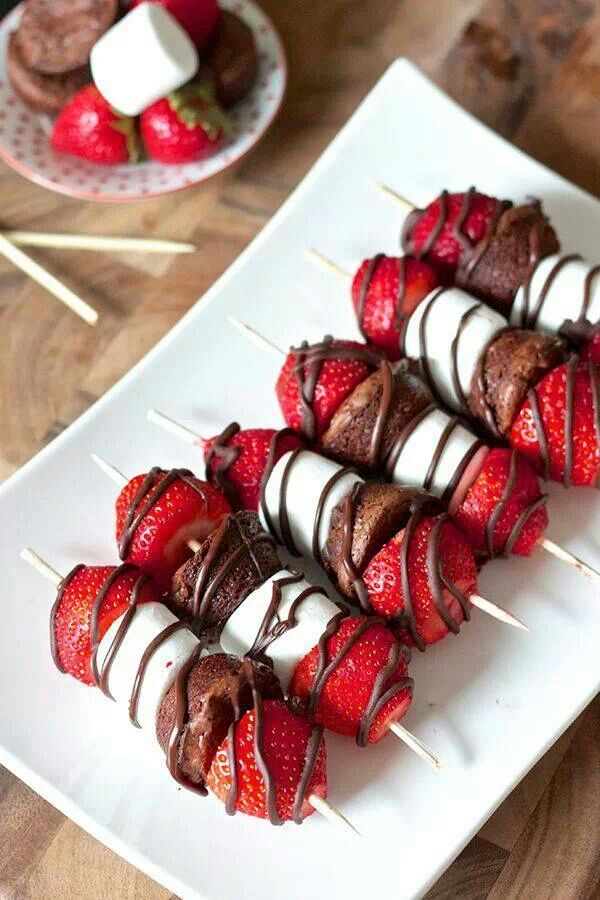 strawberries, marshmallows and brownie kabobs -use mini store bought brownies an