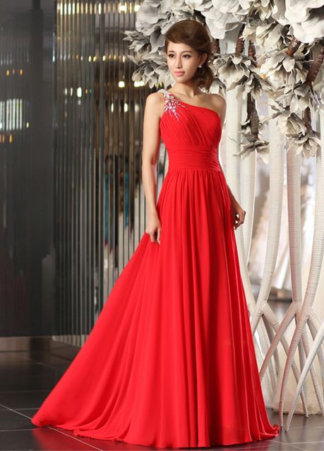 stunning one shoulder pleated chiffon dress with beading
