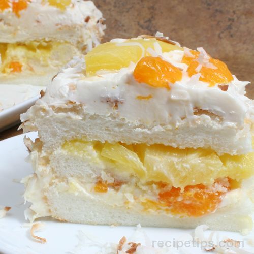 Ambrosia Cake…prep time 30 minutes.  Starts with a box angel food cake mix and