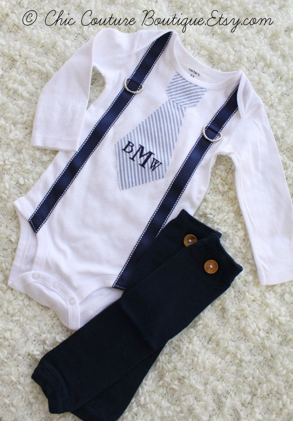 Baby Boy Striped Seersucker Personalized Tie and Suspender Bodysuit & Leg Warmer