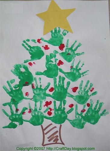 Christmas Tree Hands – Red Hearts for ornaments, made of thumbprints.