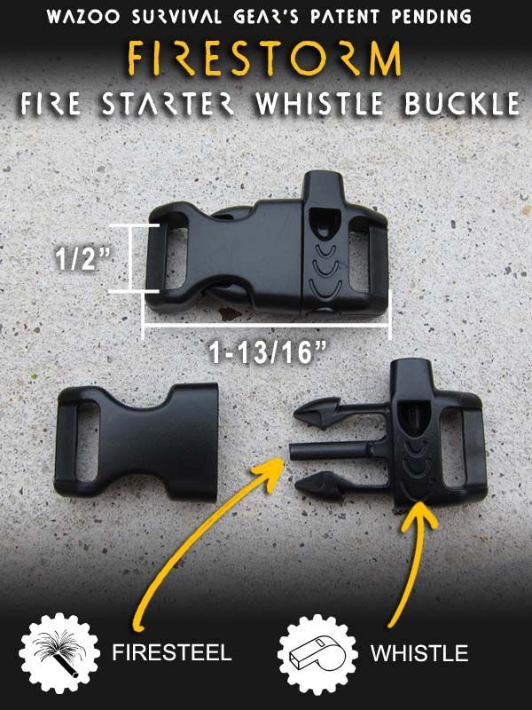 Fire Steel + Whistle buckle.  Great for paracord bracelets.  $8.50