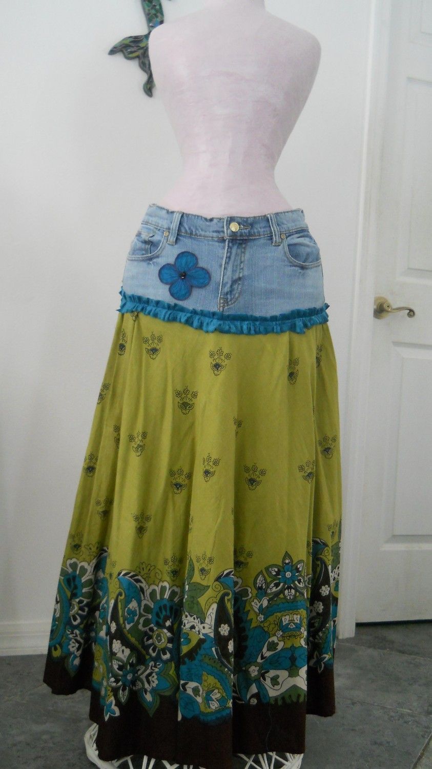 Genevive teal peridot jean skirt bohemian Renaissance Denim Couture boho chic. $
