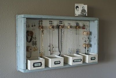 Hanging jewelry box. It looks like empty spools of thread for the hangars, somet