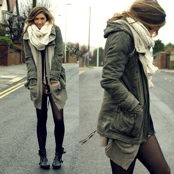 Have: thick scarf in cream/red, combat boots in brown/red, oversized cardigan in