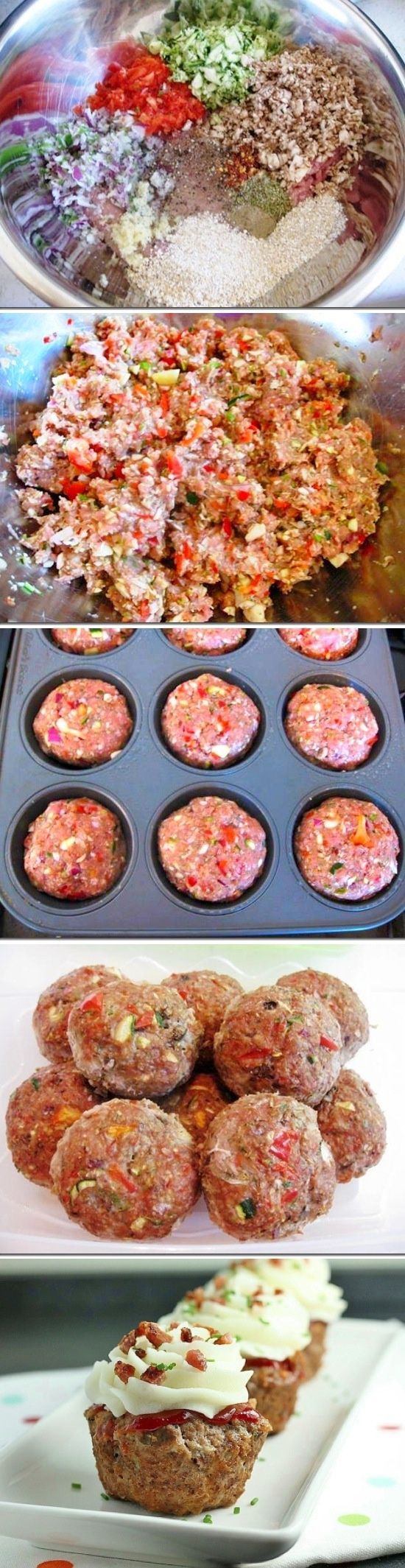 Meatloaf Cupcakes: Frosted w mashed potatoes. So cute!