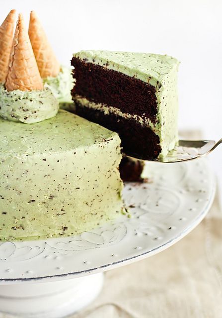 Mint Chocolate Chip Cake Recipe- love the little cones for decoration!