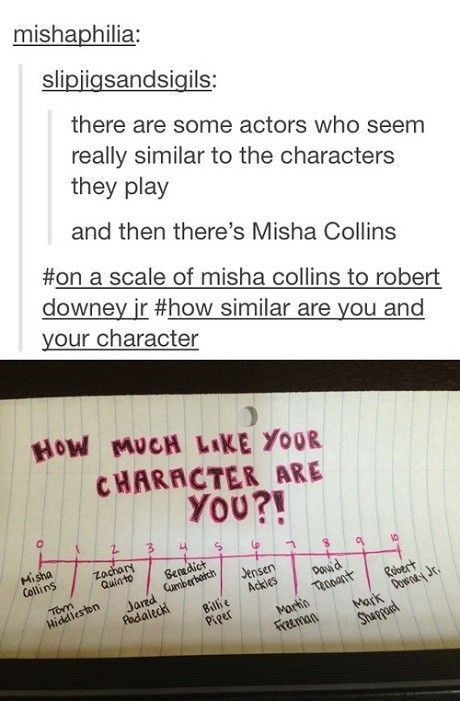 On a scale of Misha Collins to Robert Downey Jr, how much like your character ar