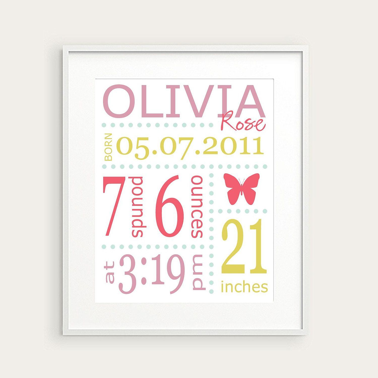 Personalized Girls Nursery Birth Print, Butterfly, Pink Green Lavender, You Pick