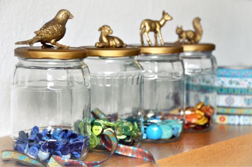 Pimp My Pickle Jars – Plastic animals and gold/bronze paint.  (Way better than m