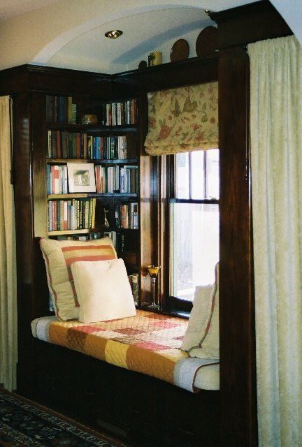 Reading Alcove with vintage filing drawers inserted underneath the bench / Carpe