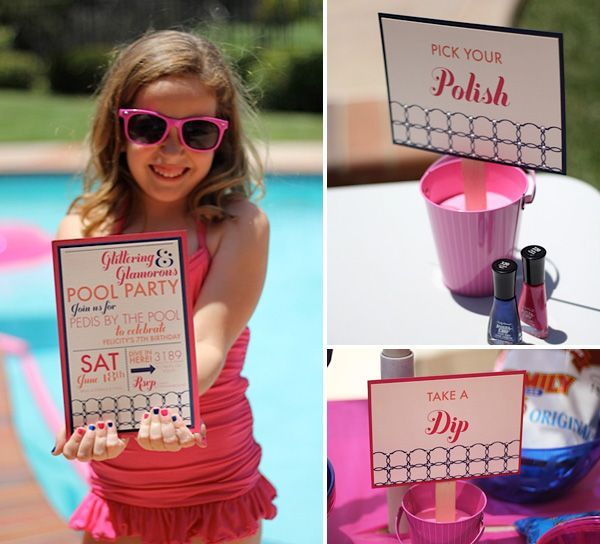 Retro Glam Pool Party, with all kinds of bling, pedis by the pool (nail station)