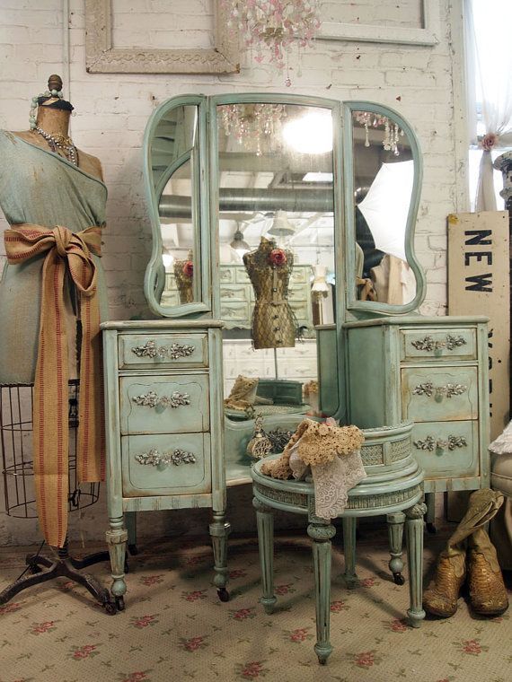 Shabby Chic Antique Vanity | Vintage Painted Cottage Shabby Aqua Chic Vanity by