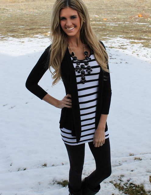 Stripes, leggings, cardigan, and a statement necklace