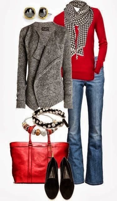 Stylish Outfit – Cardigan, Jeans, Red Sweater, Shoes and Suitable Red Handbag wi