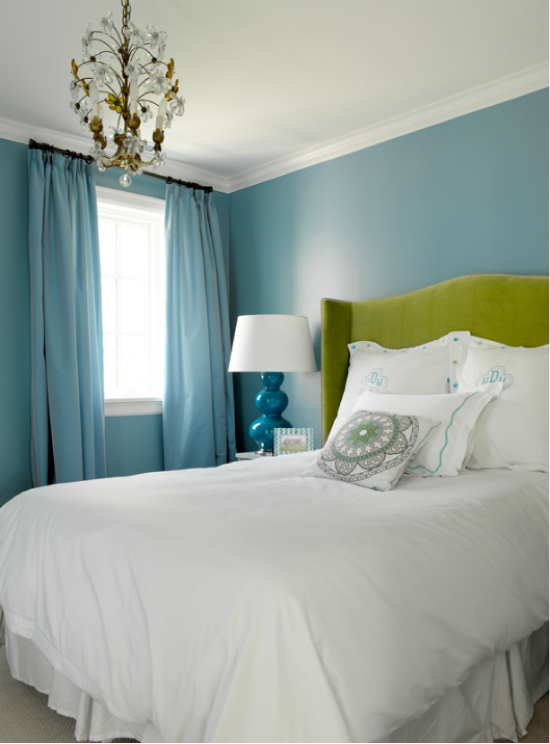 Turquoise bedroom with a touch of green to flow with the bathroom and a tiny bit