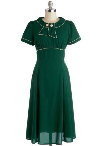 Unflappable Spirit Dress – Green, White, Buttons, Trim, Casual, Vintage Inspired