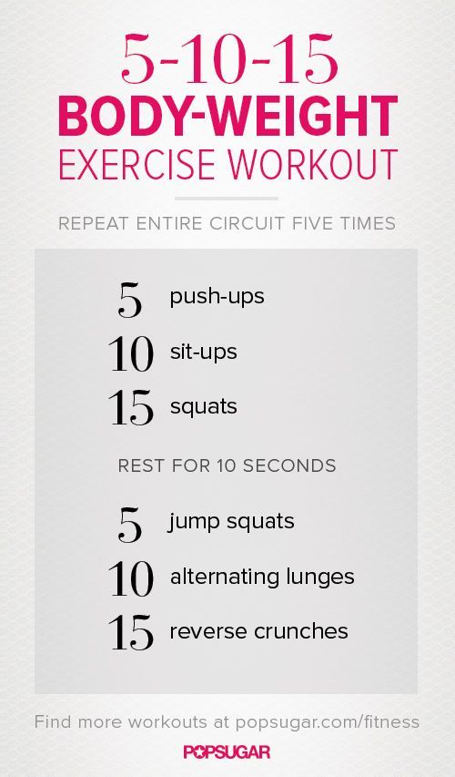 5-10-15 Body Weight Exercise Workout via Fit Sugar.  And no jumping jacks!