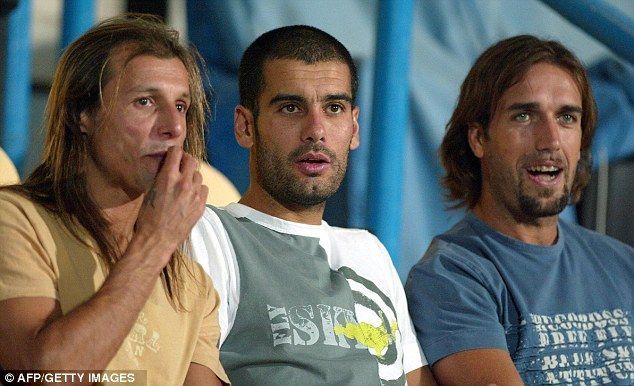 Adventure: Guardiola spent a brief period alongside Gabriel Batistuta (right) an
