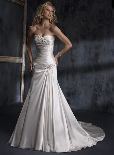Attractive Strapless Sleeveless chiffon over silk-like satin wedding dress (For