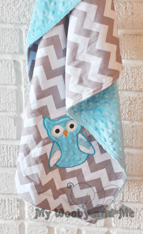 Baby Blanket – Minky Baby Blanket – Gray Chevron – Turquoise Minky Dot- Owl Appl