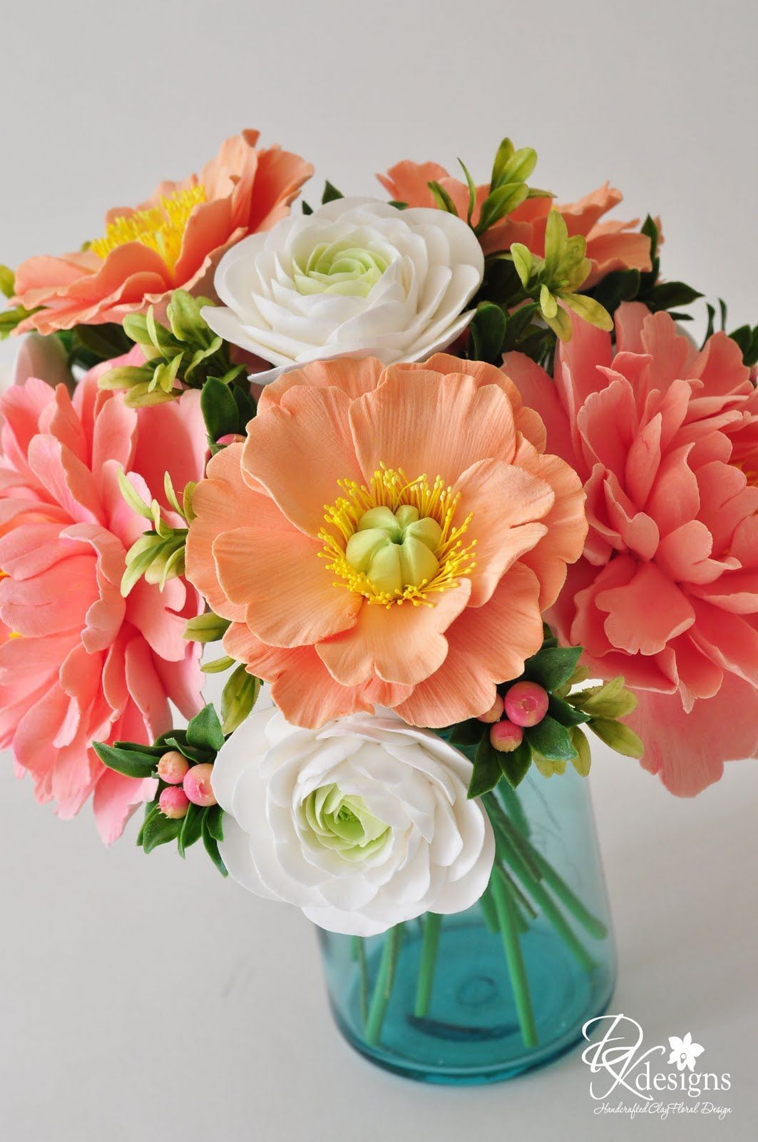 Beautiful! coral peonies, peach poppies, white ranuculus- these are clay, but Id